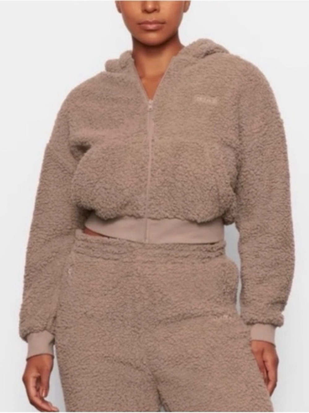 SKIMS Teddy Zip Up Hoodie Jacket SZ M Taupe Cozy Cropped Fleece Pockets